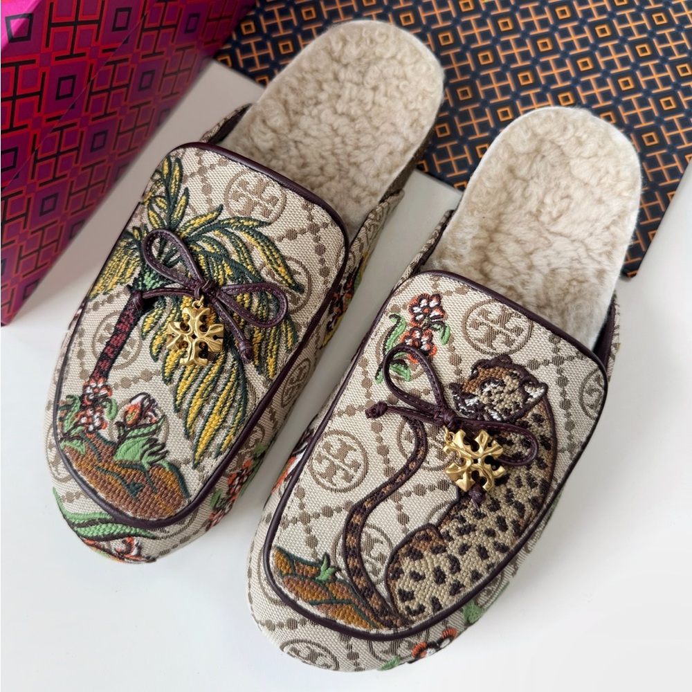 NEW Tory Burch Monogram Jacquard Needlepoint Shearling Mules Cheetah Tropical - Picture 11 of 14